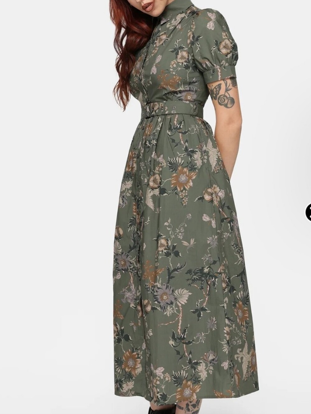 Disturbia Poison Eden Olive Green Floral Button-Front Midi Shirt Dress Size 16